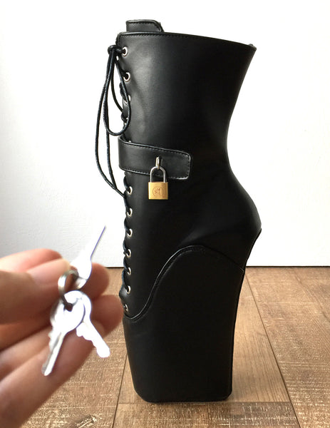 18cm "LOCKY" Beginner Lockable Ballet Wedge Boots Hoof Sole Heelless Fetish Goth Pinup