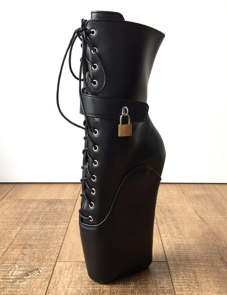 18cm "LOCKY" Beginner Lockable Ballet Wedge Boots Hoof Sole Heelless Fetish Goth Pinup