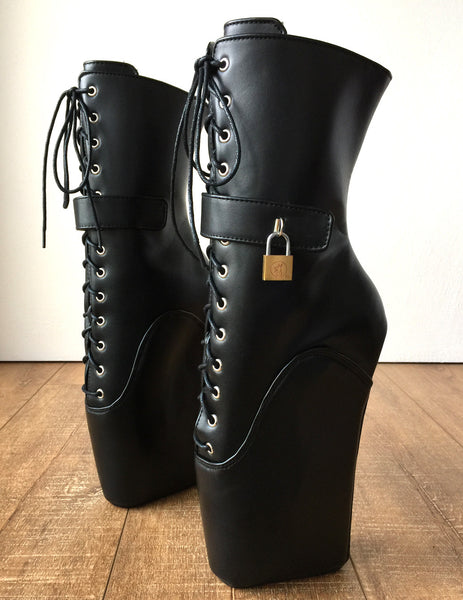 18cm "LOCKY" Beginner Lockable Ballet Wedge Boots Hoof Sole Heelless Fetish Goth Pinup