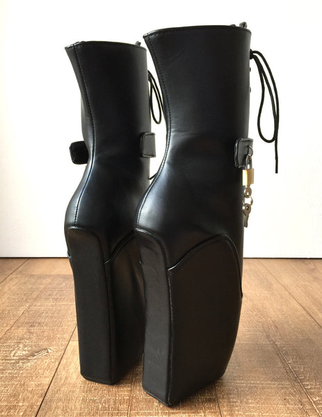 18cm "LOCKY" Beginner Lockable Ballet Wedge Boots Hoof Sole Heelless Fetish Goth Pinup