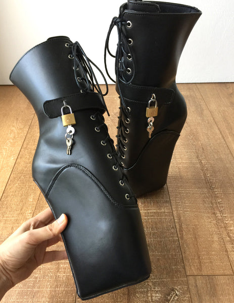 18cm "LOCKY" Beginner Lockable Ballet Wedge Boots Hoof Sole Heelless Fetish Goth Pinup
