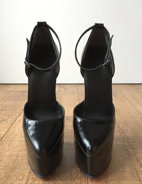 20cm Genuine Patent Leather Stiletto Platform Fetish Ankle Strap Heel Medium Round Toe