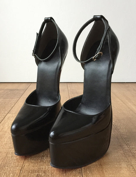 20cm Genuine Patent Leather Stiletto Platform Fetish Ankle Strap Heel Medium Round Toe