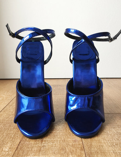 RTBU SALMA 18cm Stiletto Heel Wrap Strap Sandals Slipper Metallic Blue