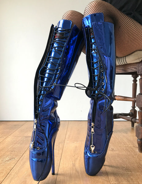 Secret II Ballet Pointe Boots Fetish Pinup Ballet Lockable Zipper Blue Metallic