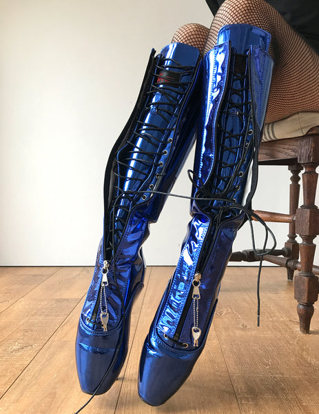 Secret II Ballet Pointe Boots Fetish Pinup Ballet Lockable Zipper Blue Metallic