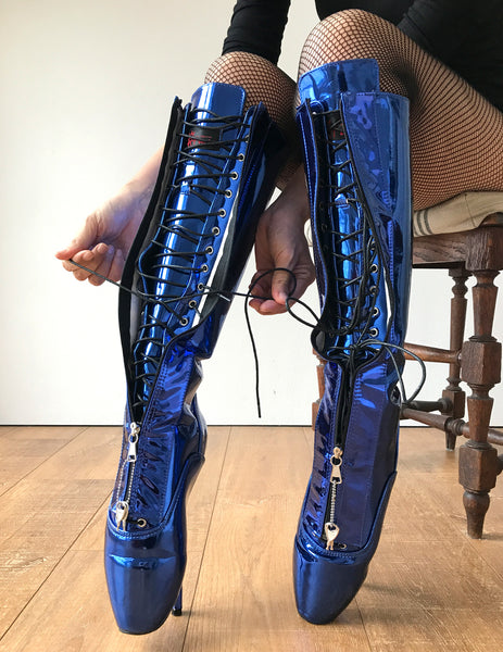 Secret II Ballet Pointe Boots Fetish Pinup Ballet Lockable Zipper Blue Metallic