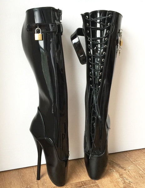 RTBU SECRET Fetish Ballet Pointe Pain Knee Boots Concealed Lace Lockable Strap