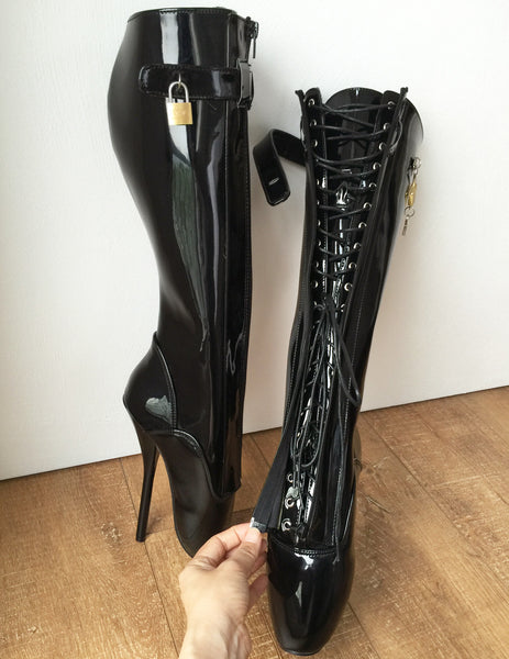 RTBU SECRET Fetish Ballet Pointe Pain Knee Boots Concealed Lace Lockable Strap