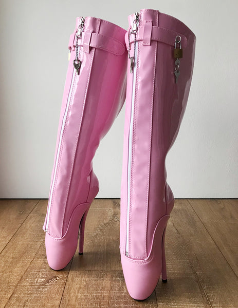 RTBU SECRET Fetish Ballet Pointe Knee Boot Concealed Lace Lockable Strap Baby Pink Patent