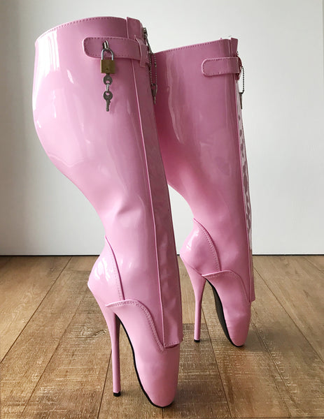 RTBU SECRET Fetish Ballet Pointe Knee Boot Concealed Lace Lockable Strap Baby Pink Patent