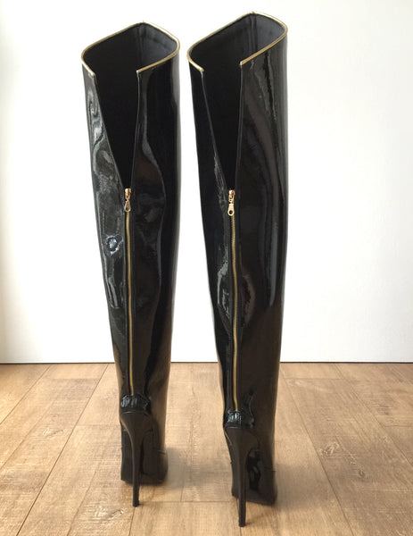 RTBU SLICK 18cm Stiletto Hard Shaft Rear Zip Gold Piping Thigh Boot Patent Black