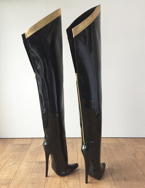 RTBU SLICK 18cm Stiletto Hard Shaft Gold Ribbon Trim Mid-Thigh Boot Patent Black