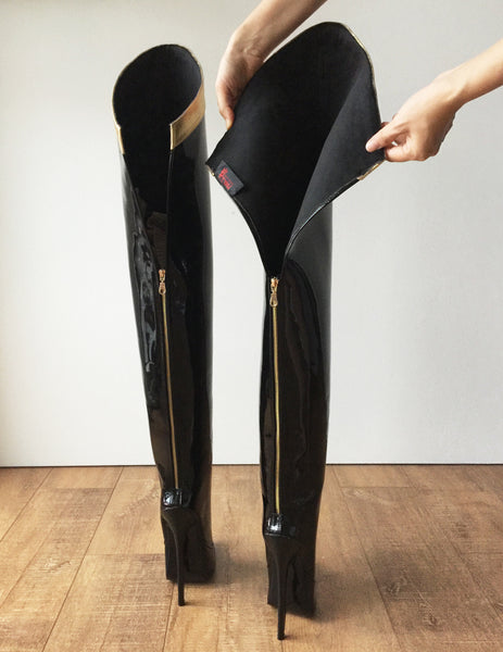 RTBU SLICK 18cm Stiletto Hard Shaft Gold Ribbon Trim Mid-Thigh Boot Patent Black