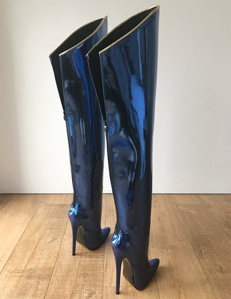 RTBU SLICK 18cm Stiletto Hard Shaft Rear Zip Gold Piping Thigh Boot Blue Metallic