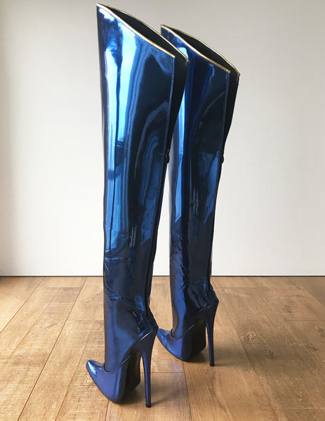 RTBU SLICK 18cm Stiletto Hard Shaft Rear Zip Gold Piping Thigh Boot Blue Metallic