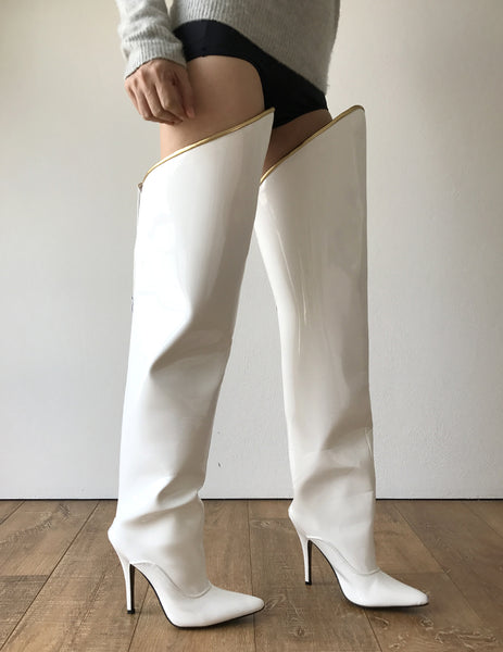 RTBU SLICK 12cm Stiletto Hard Shaft Gold Piping Mid-Thigh Boot Patent White