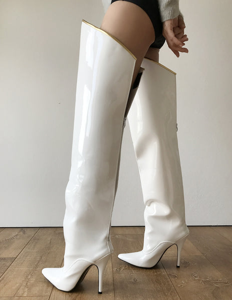 RTBU SLICK 12cm Stiletto Hard Shaft Gold Piping Mid-Thigh Boot Patent White