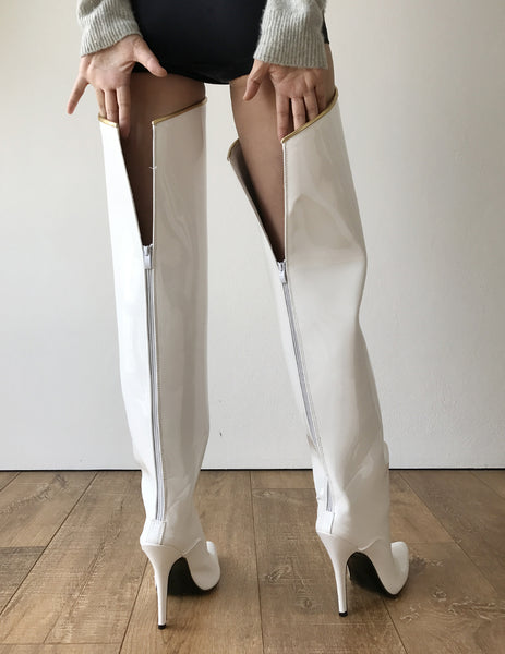 RTBU SLICK 12cm Stiletto Hard Shaft Gold Piping Mid-Thigh Boot Patent White