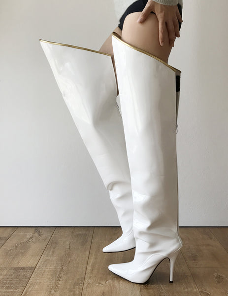 RTBU SLICK 12cm Stiletto Hard Shaft Gold Piping Mid-Thigh Boot Patent White