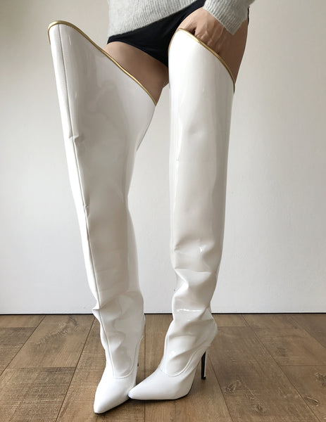 RTBU SLICK 12cm Stiletto Hard Shaft Gold Piping Mid-Thigh Boot Patent White