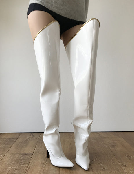 RTBU SLICK 12cm Stiletto Hard Shaft Gold Piping Mid-Thigh Boot Patent White