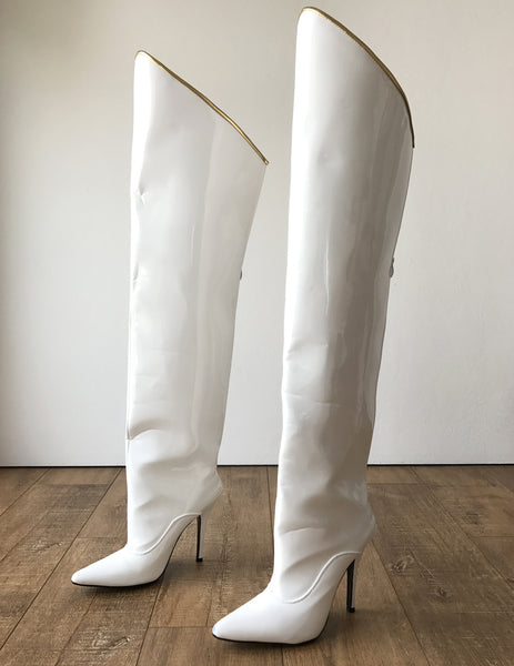 RTBU SLICK 12cm Stiletto Hard Shaft Gold Piping Mid-Thigh Boot Patent White