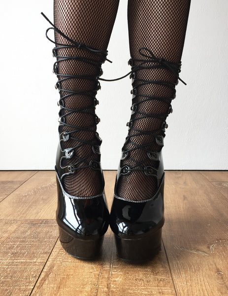 SPIDER 15cm Platform Hi Heel Fetish Goth Corset Lace Up Calf Boots Black Patent