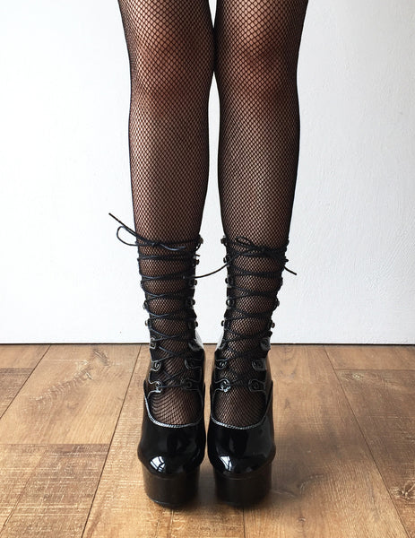 SPIDER 15cm Platform Hi Heel Fetish Goth Corset Lace Up Calf Boots Black Patent