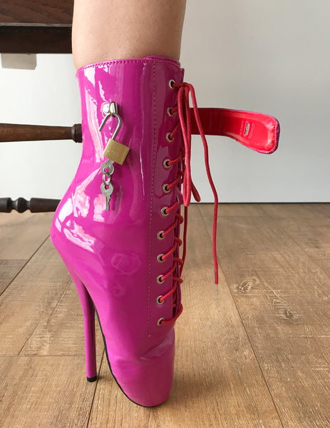 RTBU TRAP 18cm Fetish Lockable Ballet Boots Padlock Restrain Slave Hot Pink Patent