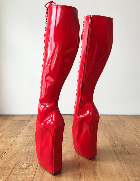 RTBU TROY Ballet Wedge Lace p Knee Hi Boots Hoof Fetish Dominatrix Red Patent