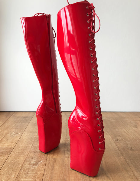 RTBU TROY Ballet Wedge Lace p Knee Hi Boots Hoof Fetish Dominatrix Red Patent