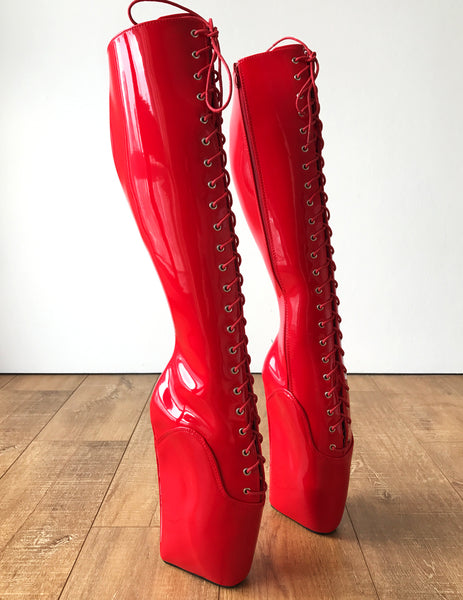 RTBU TROY Ballet Wedge Lace p Knee Hi Boots Hoof Fetish Dominatrix Red Patent