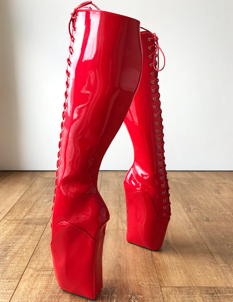 RTBU TROY Ballet Wedge Lace p Knee Hi Boots Hoof Fetish Dominatrix Red Patent