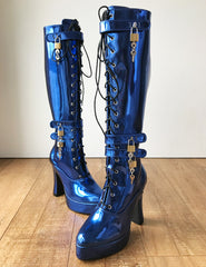 RTBU WARRIOR Locking Zip Strap Lace 12cm Spool Knee Hi Fetish Boot Blue Metallic