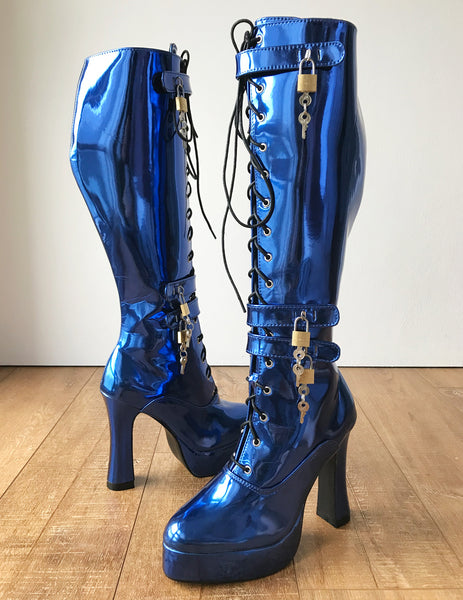 RTBU WARRIOR Locking Zip Strap Lace 12cm Spool Knee Hi Fetish Boot Blue Metallic