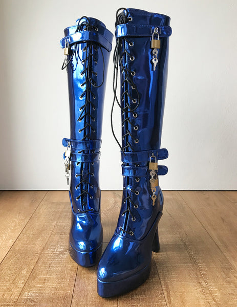 RTBU WARRIOR Locking Zip Strap Lace 12cm Spool Knee Hi Fetish Boot Blue Metallic
