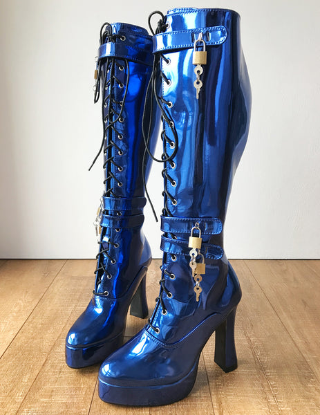 RTBU WARRIOR Locking Zip Strap Lace 12cm Spool Knee Hi Fetish Boot Blue Metallic