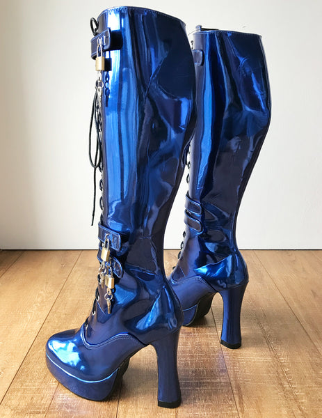 RTBU WARRIOR Locking Zip Strap Lace 12cm Spool Knee Hi Fetish Boot Blue Metallic
