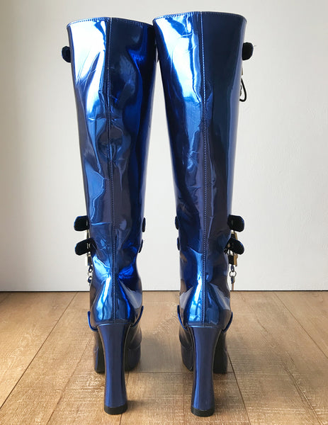 RTBU WARRIOR Locking Zip Strap Lace 12cm Spool Knee Hi Fetish Boot Blue Metallic