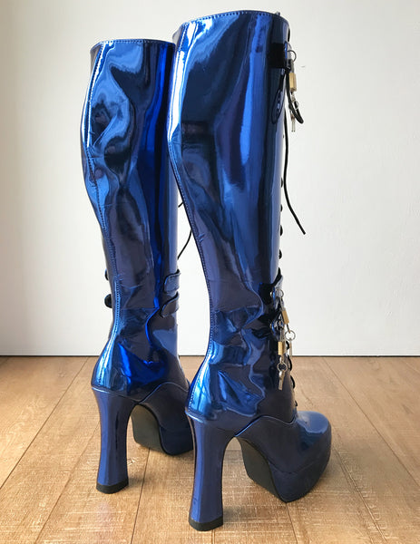 RTBU WARRIOR Locking Zip Strap Lace 12cm Spool Knee Hi Fetish Boot Blue Metallic