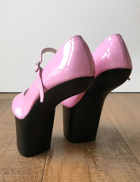 ZARMINA Light Weight Hoof Sole Heelless Ankle Strap Mary Janes 2 Tone Pink Black