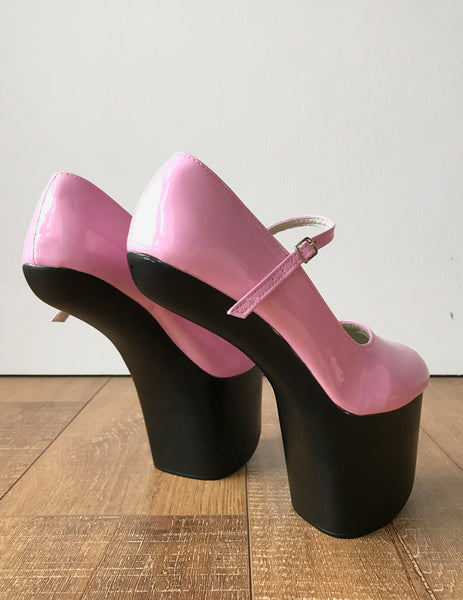 ZARMINA Light Weight Hoof Sole Heelless Ankle Strap Mary Janes 2 Tone Pink Black