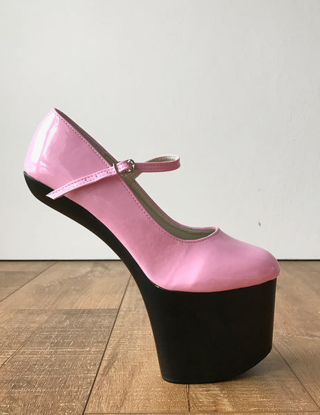 ZARMINA Light Weight Hoof Sole Heelless Ankle Strap Mary Janes 2 Tone Pink Black