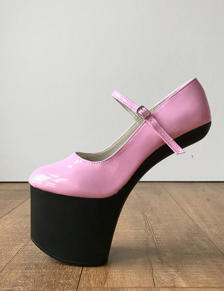 ZARMINA Light Weight Hoof Sole Heelless Ankle Strap Mary Janes 2 Tone Pink Black