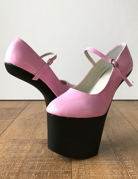 ZARMINA Light Weight Hoof Sole Heelless Ankle Strap Mary Janes 2 Tone Pink Black