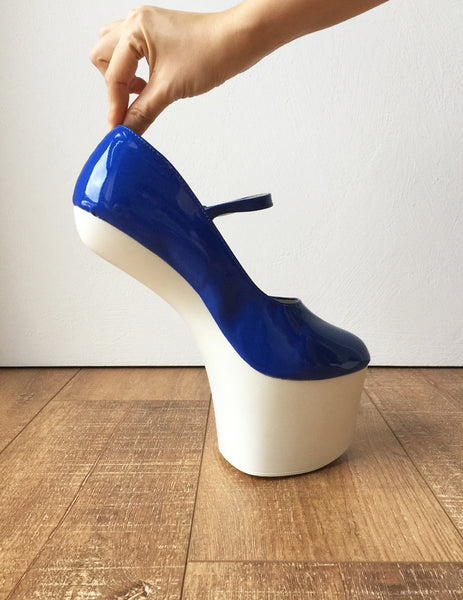 ZARMINA Light Weight Hoof Sole Heelless Ankle Strap Mary Janes 2 Tone Blue White