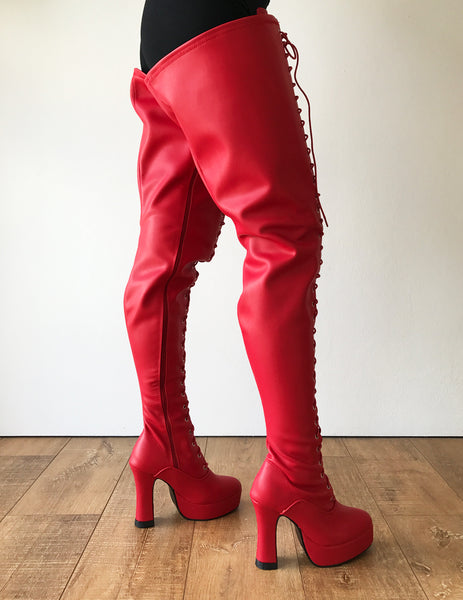 ZETH 12cm Spool Heel Platform Lace up Crotch Goth Cosplay Fetish boot Red Matte