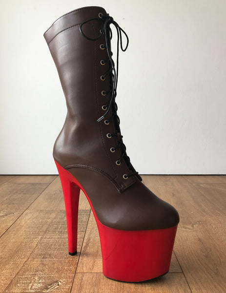 RTBU ZOE 20cm Platform Calf Lace Up Boot Extreme Fetish BDSM LARP Brown Red