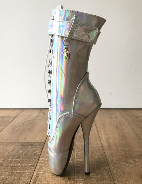 RTBU BALLET Silver Holographic Rainbow Calf Hi Fetish Boot Burlesque Dominatrix